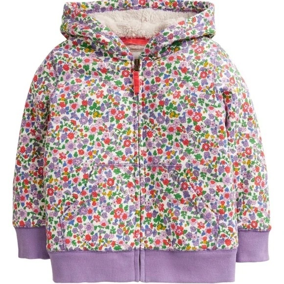 Mini Boden Shaggy Lined Sherpa Hoodie Zip Front Floral Purple Print Sz 11-12 YR - Picture 1 of 11